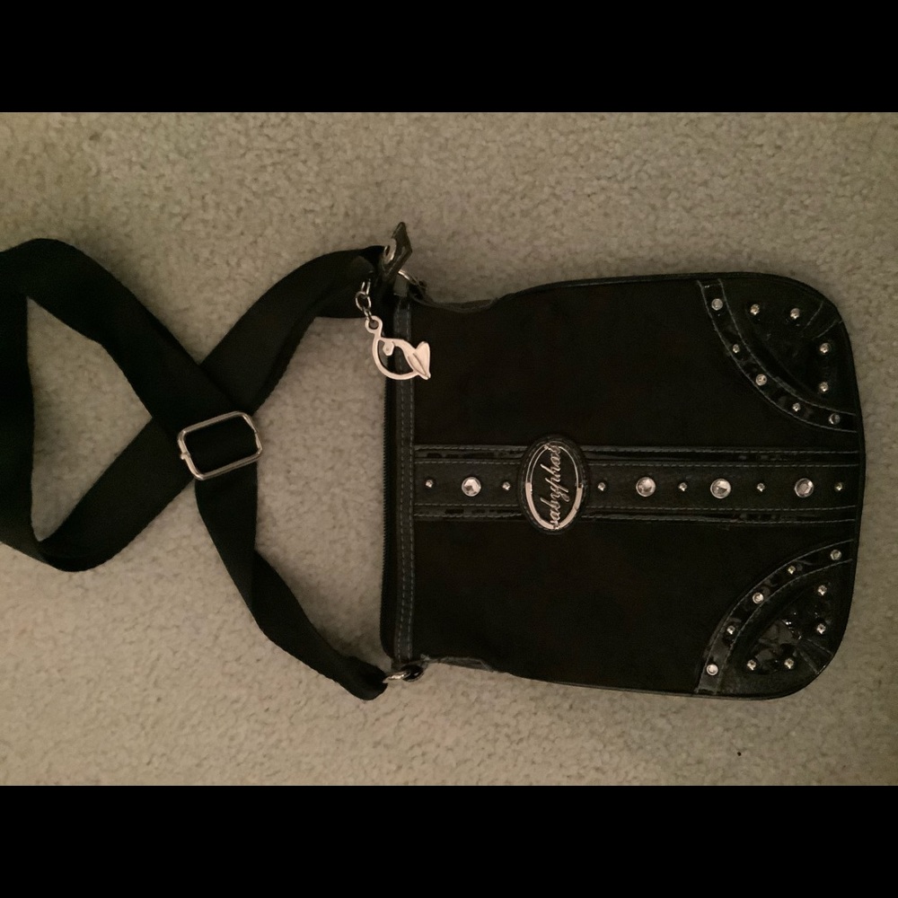Black cotton /leather studded adjustable strap bag